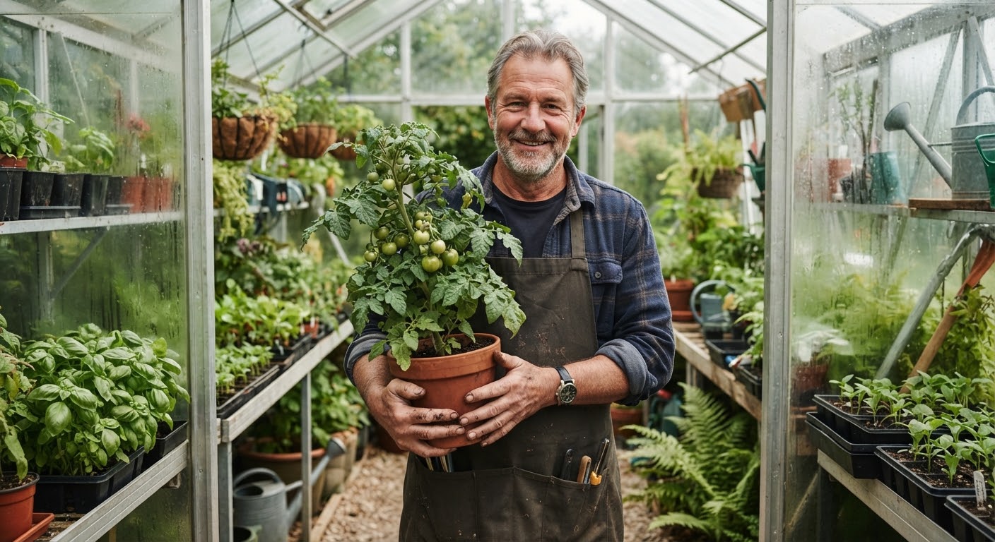 Smiling gardener holding a potted plant